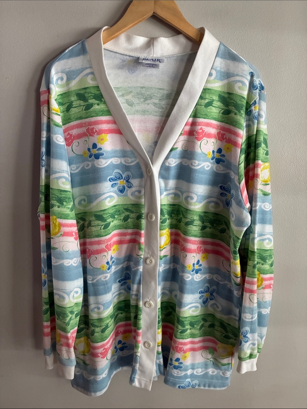 Vintage 90s Pastel Floral Cardigan Womens XL Coastal Button Front Oversized
